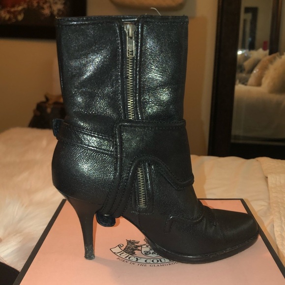 VTG Juicy Couture Mid Calf Leather Harness Boots GALLEY BLACK GLAZED GRAINY GOAT - Picture 11 of 13